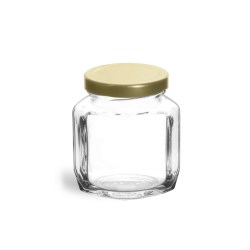 6 oz Clear Glass Oval Hexagon Jar w/ Gold Lug Caps