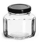 3 3/4 oz Clear Glass Oval Hexagon Jars w/ Black Metal Lug Caps