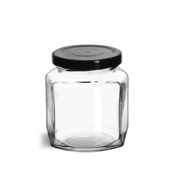 9 oz Clear Glass Oval Hexagon Jars w/ Black Metal Lug Caps