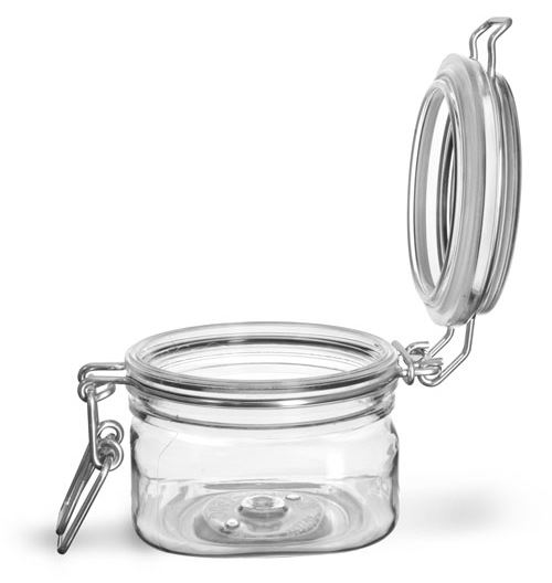 5 oz Clear PET Square Wire Bale Jars w/ Hinged Lids