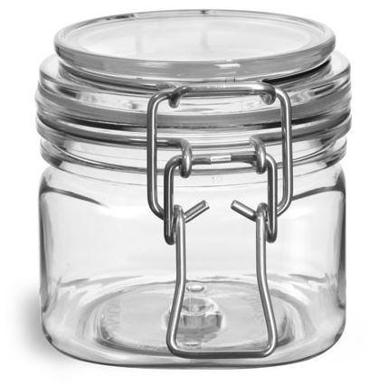 7 oz Clear PET Square Wire Bale Jars w/ Hinged Lids