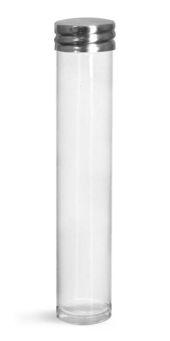 25 ml Plastic Tubes, Clear Plastic Round Tube w/ Silver Metal Screw Threaded Lined Cap