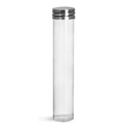 25 ml Plastic Tubes, Clear Plastic Round Tube w/ Silver Metal Screw Threaded Lined Cap