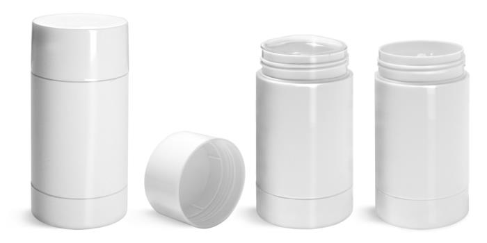 75 gram Plastic Tubes, White Styrene Twist Up Deodorant Tubes w/ White Screw Caps and Discs