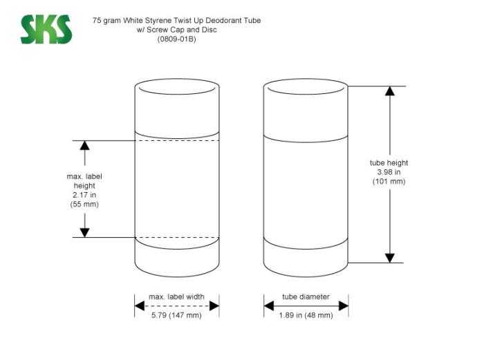 75 gram Plastic Tubes, White Styrene Twist Up Deodorant Tubes w/ White Screw Caps and Discs