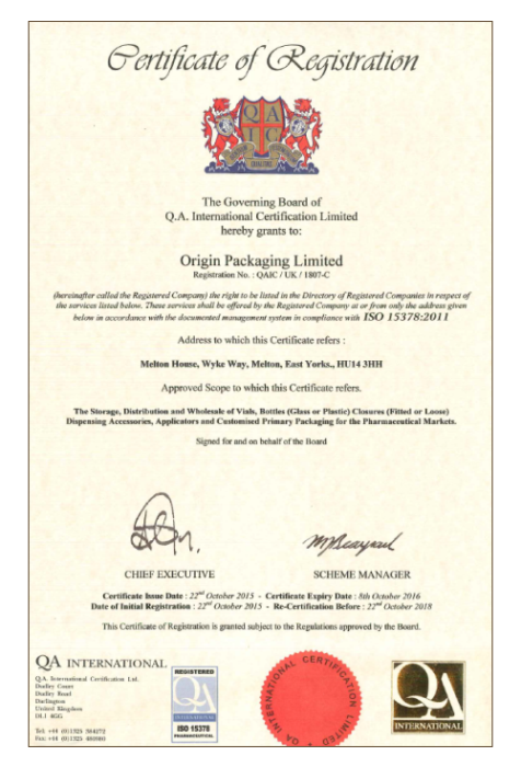 Origin: The first pharmaceutical packaging company to have UK distribution site certified