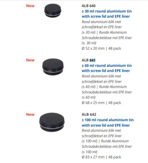 60 ml round aluminium tin with screw lid and EPE liner
