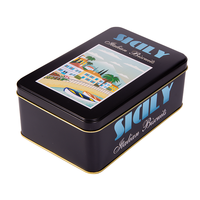 Rectangular biscuit tin with hinged lid