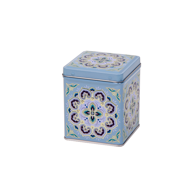 Square tin 100 g with hinged lid, embossed