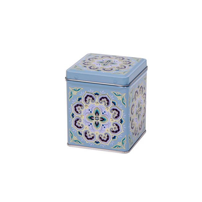 Square tin 100 g with hinged lid, embossed