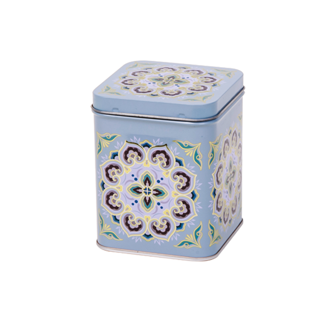 Square tin 200 g with hinged lid, embossed