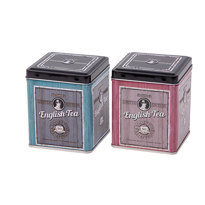 Square tin 100 g with hinged lid, embossed (assorted)