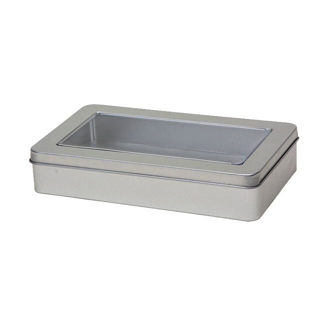 Rectangular tin with slip lid and window, medium