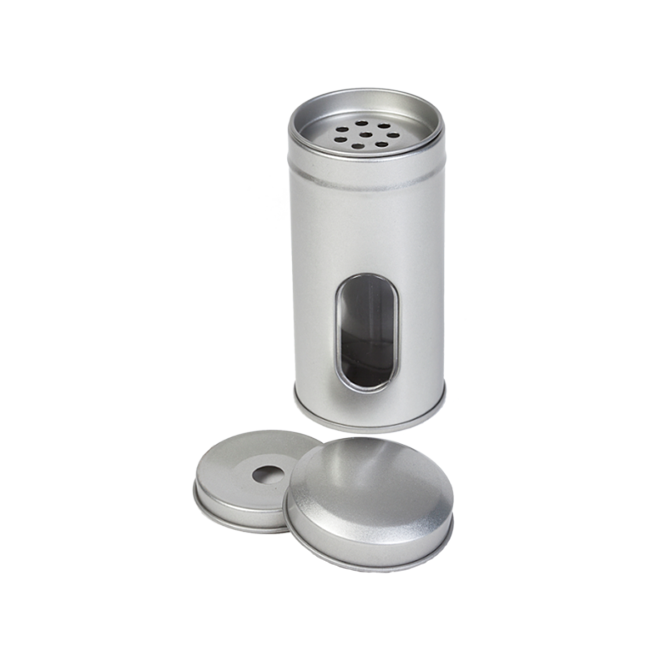Round spice tin with spreader and window
