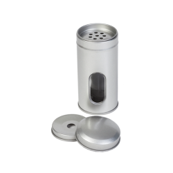 Round spice tin with spreader and window