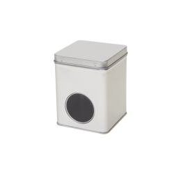 Square tin 100 g with hinged lid and window