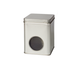 Square tin 200 g with hinged lid and window
