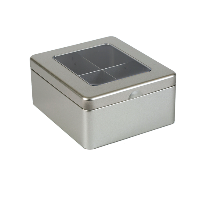Tea tin with 4 compartments and window