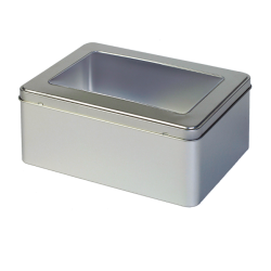 Rectangular tin with hinged lid and window