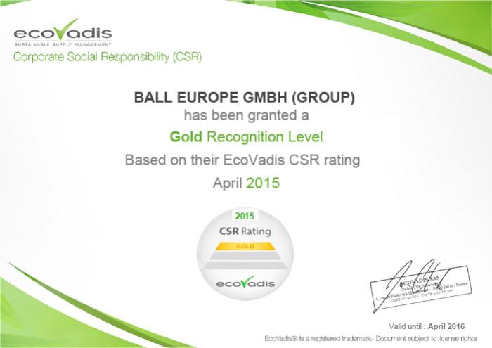 Gold Rating for sustainability performance: EcoVadis ranks Ball Packaging Europe among top 1 percent of suppliers