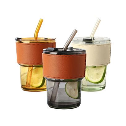 Wholesale Multi-Use Vintage Amber Glass Coffee Cup with Lid and Straw