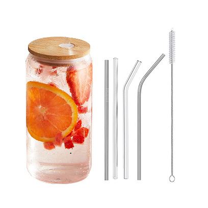 Beer Can–Shaped Glass Cup with Bamboo Lid and Glass Straw