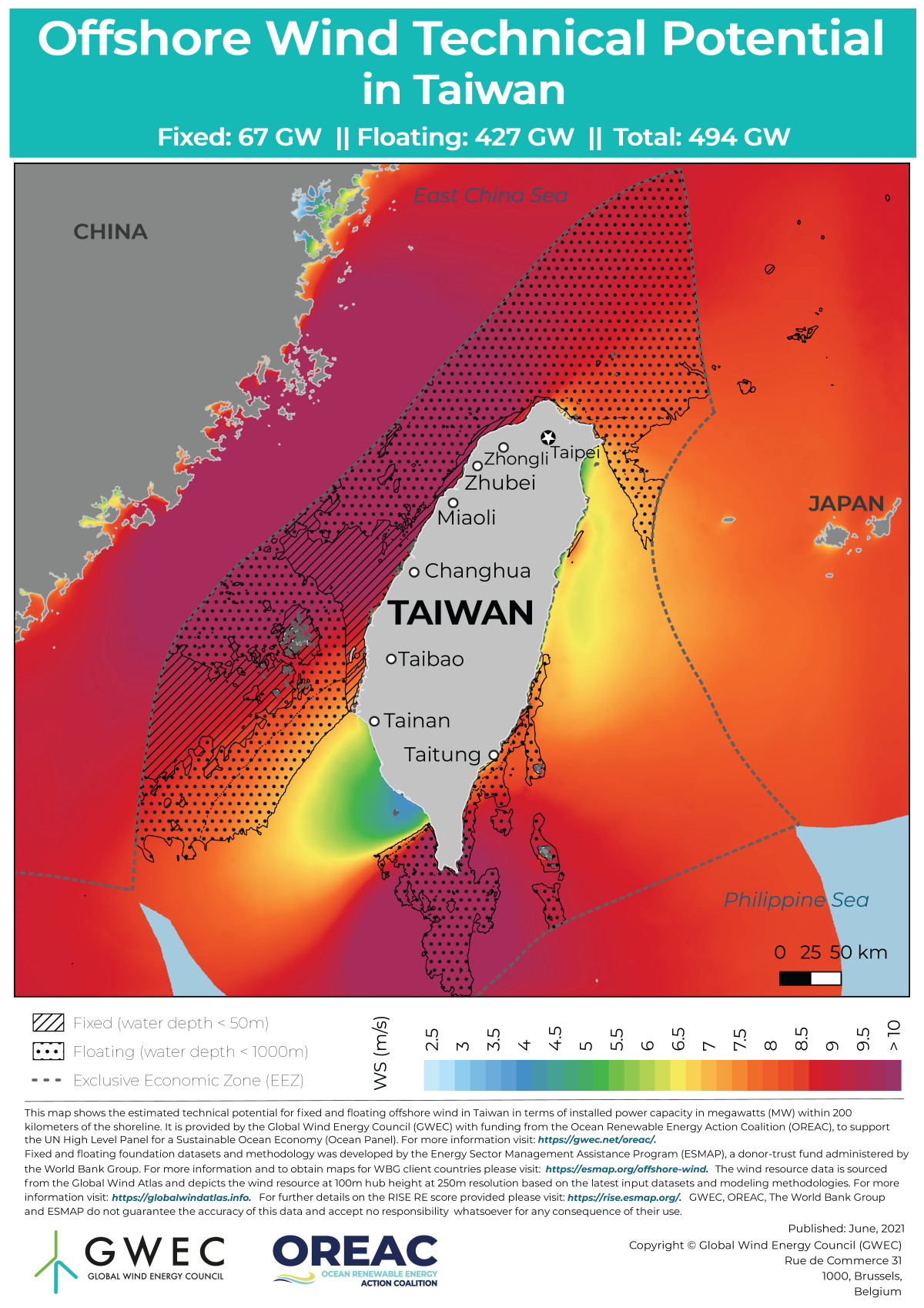 Taiwan Offshore Wind Technical  Potential - courtesy GWEC & OREAC
