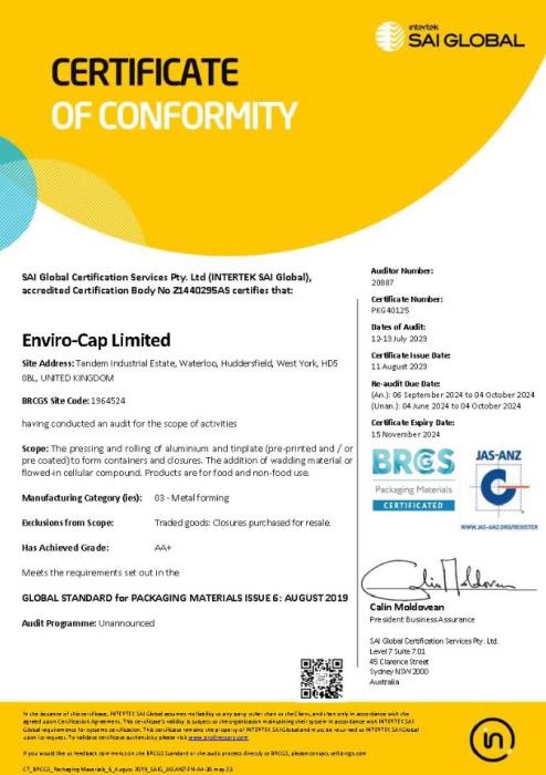 Metal Caps for Food and Non-Food Use: Enviro-Cap Receives AA+ BRCGS Certificate