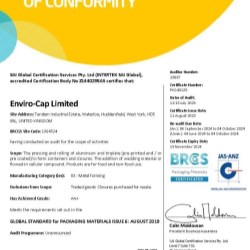 Metal Caps for Food and Non-Food Use: Enviro-Cap Receives AA+ BRCGS Certificate