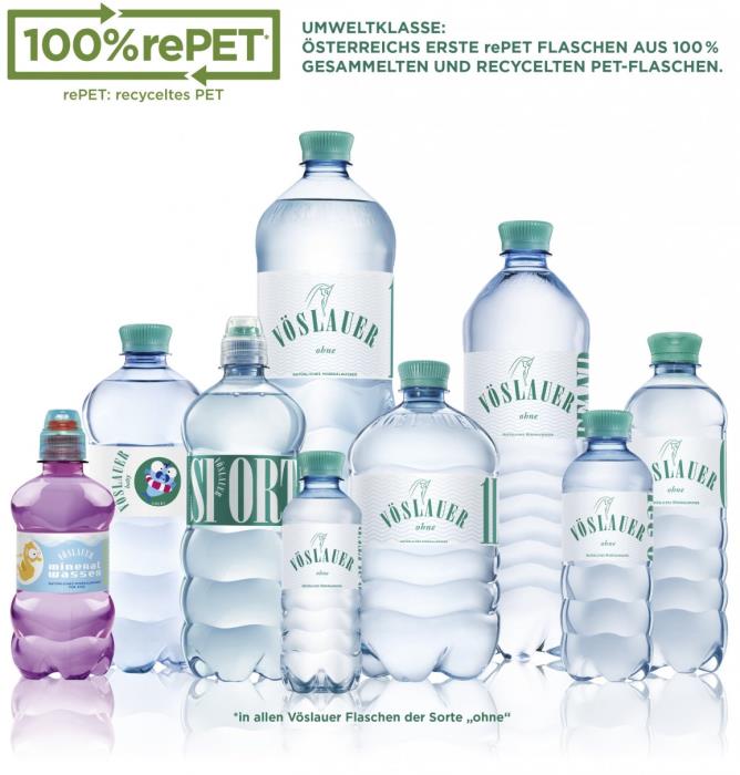 Mineral water bottles can be made entirely of rPET, as demonstrated by Vöslauer