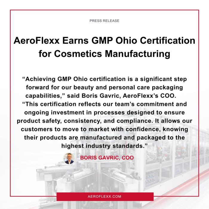 AeroFlexx Earns GMP Ohio Certification for Cosmetics Manufacturing
