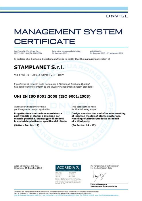 STAMPLANET si certifica ISO 13485:2012 e ISO 9001:2008